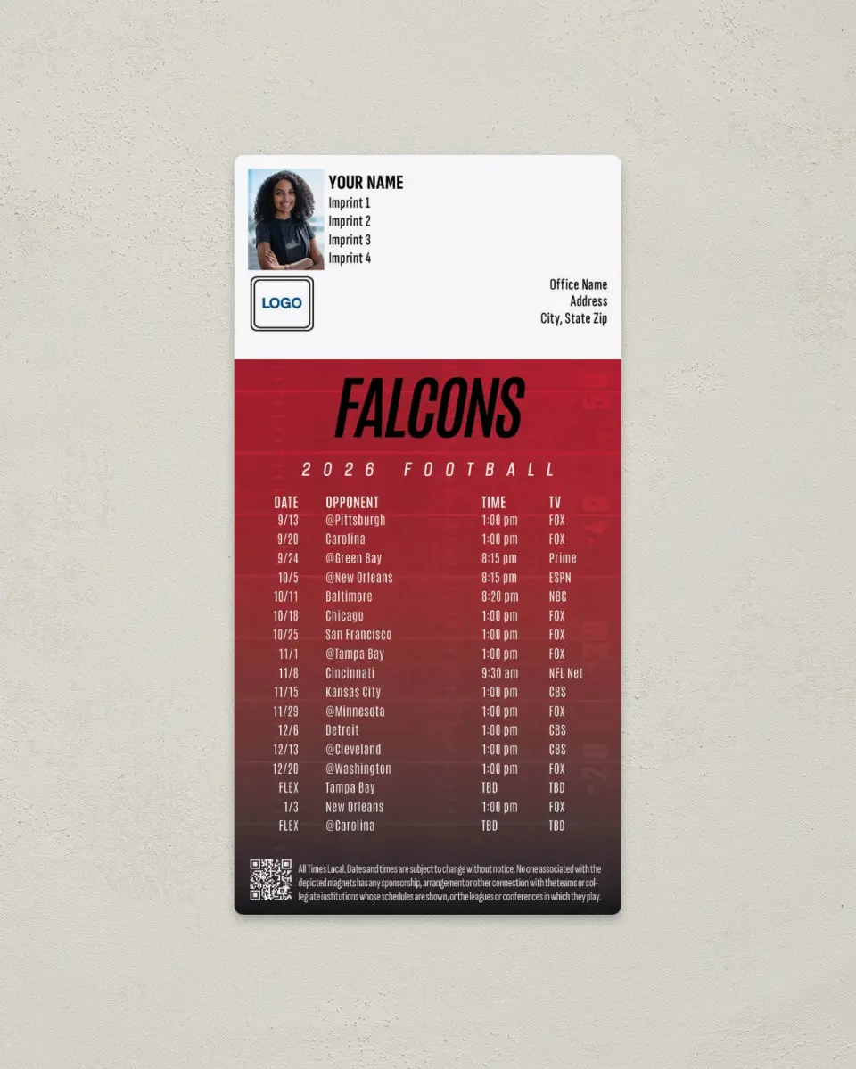 This is a 7" x 3½" Football Schedule Magnet called Atlanta Falcons printed in full color