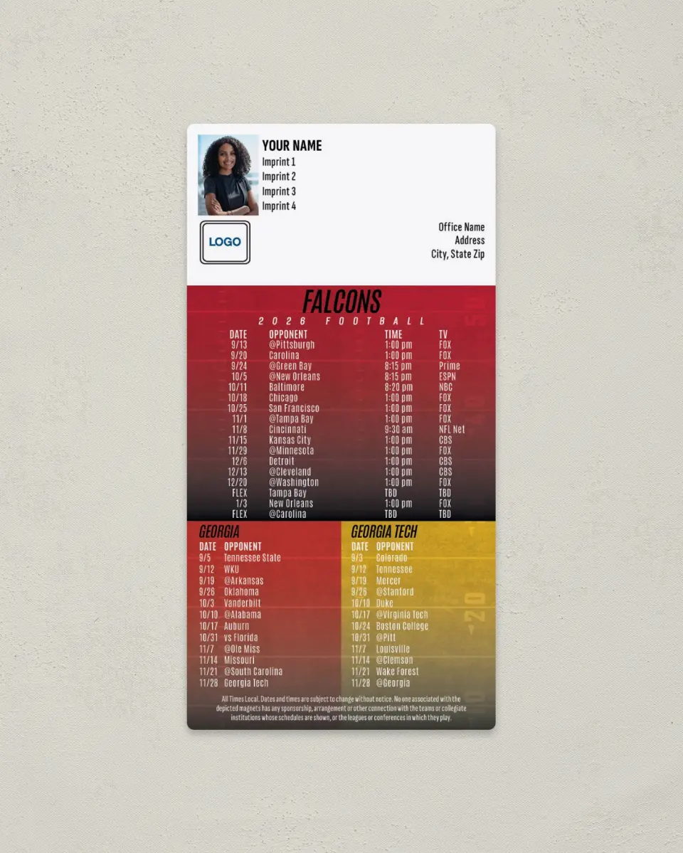 This is a 7" x 3½" Football Schedule Magnet called Falcons + University of Georgia + Georgia Tech printed in full color