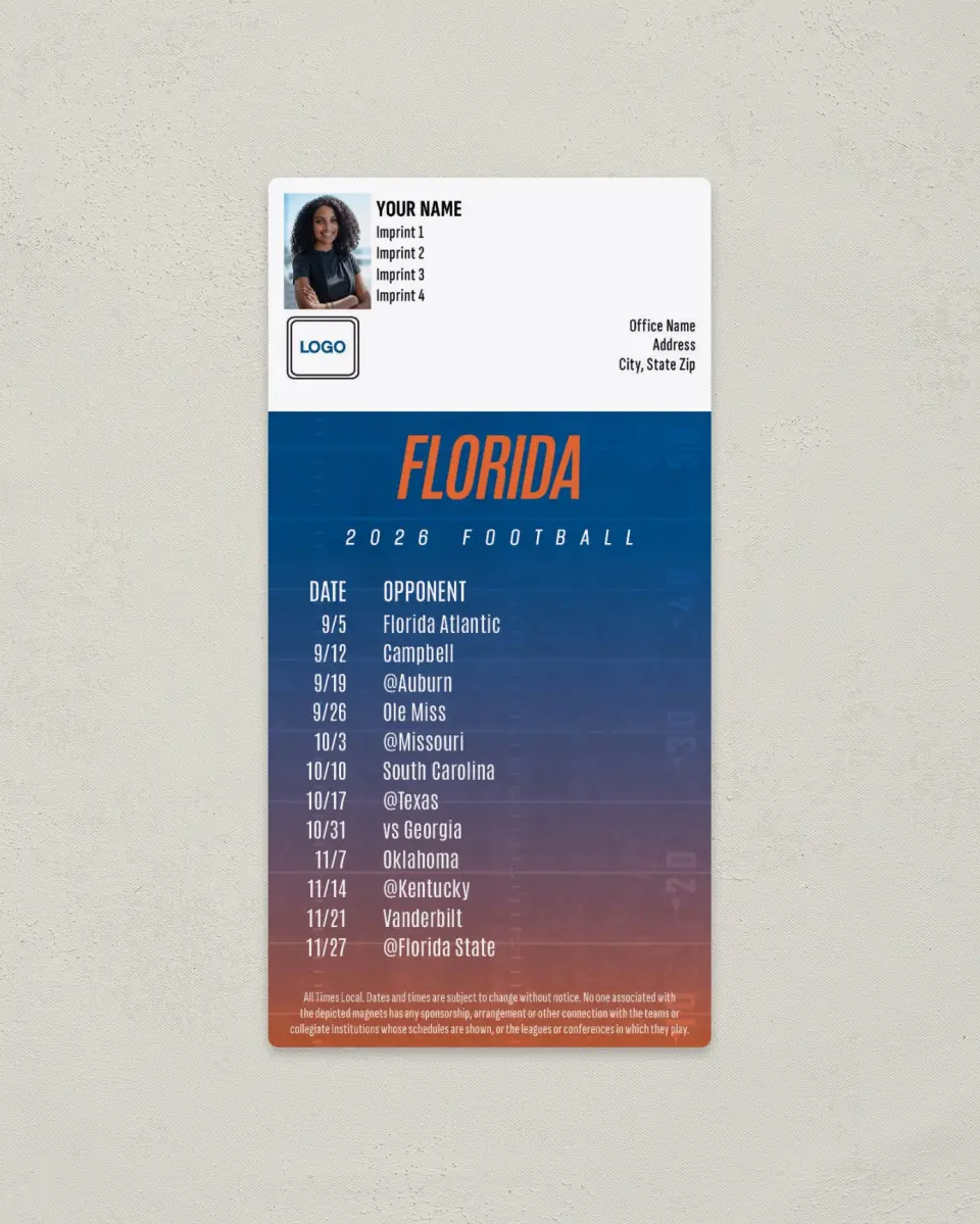 This is a 7" x 3½" Football Schedule Magnet called Florida Gators printed in full color