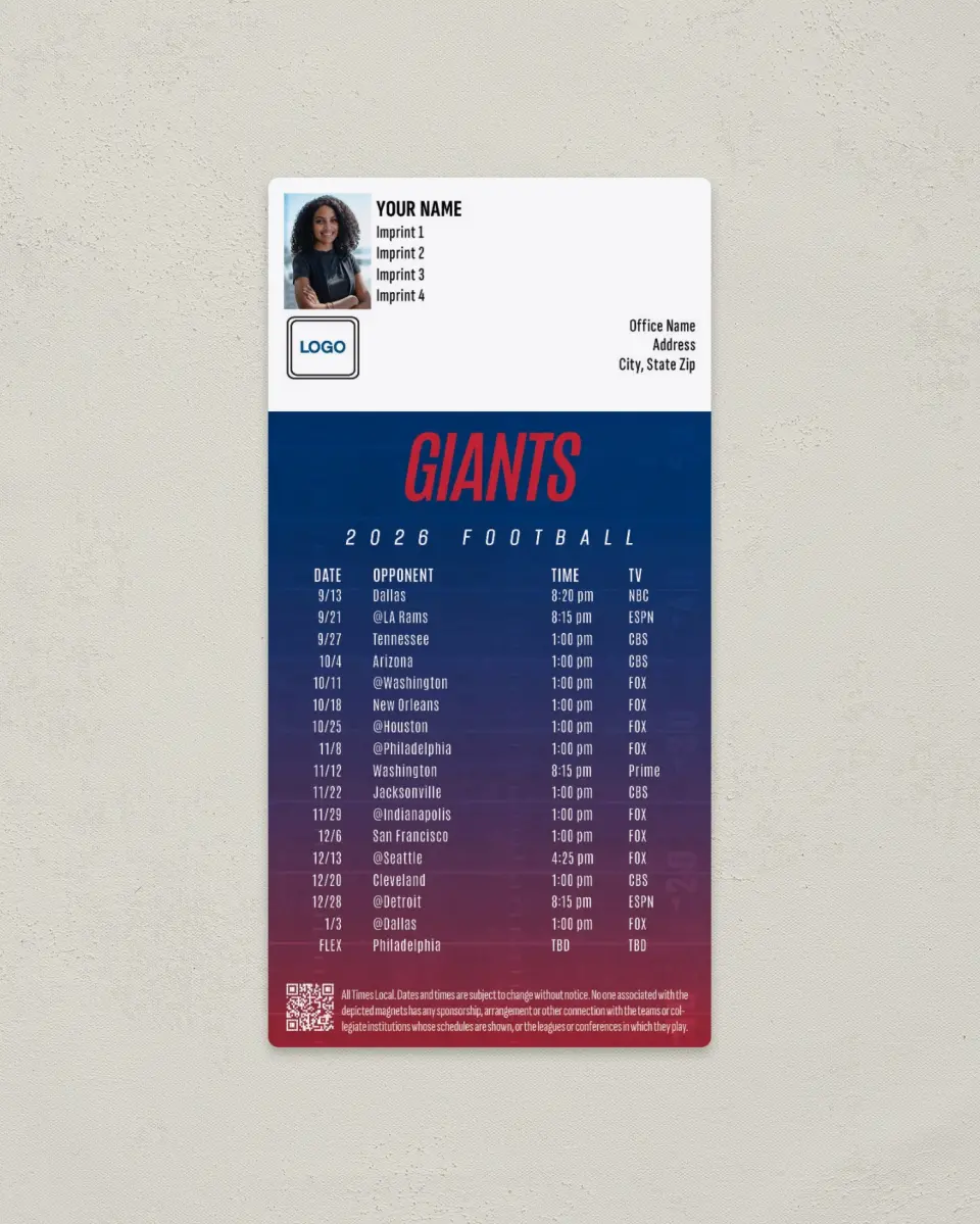 This is a 7" x 3½" Football Schedule Magnet called New York Giants printed in full color