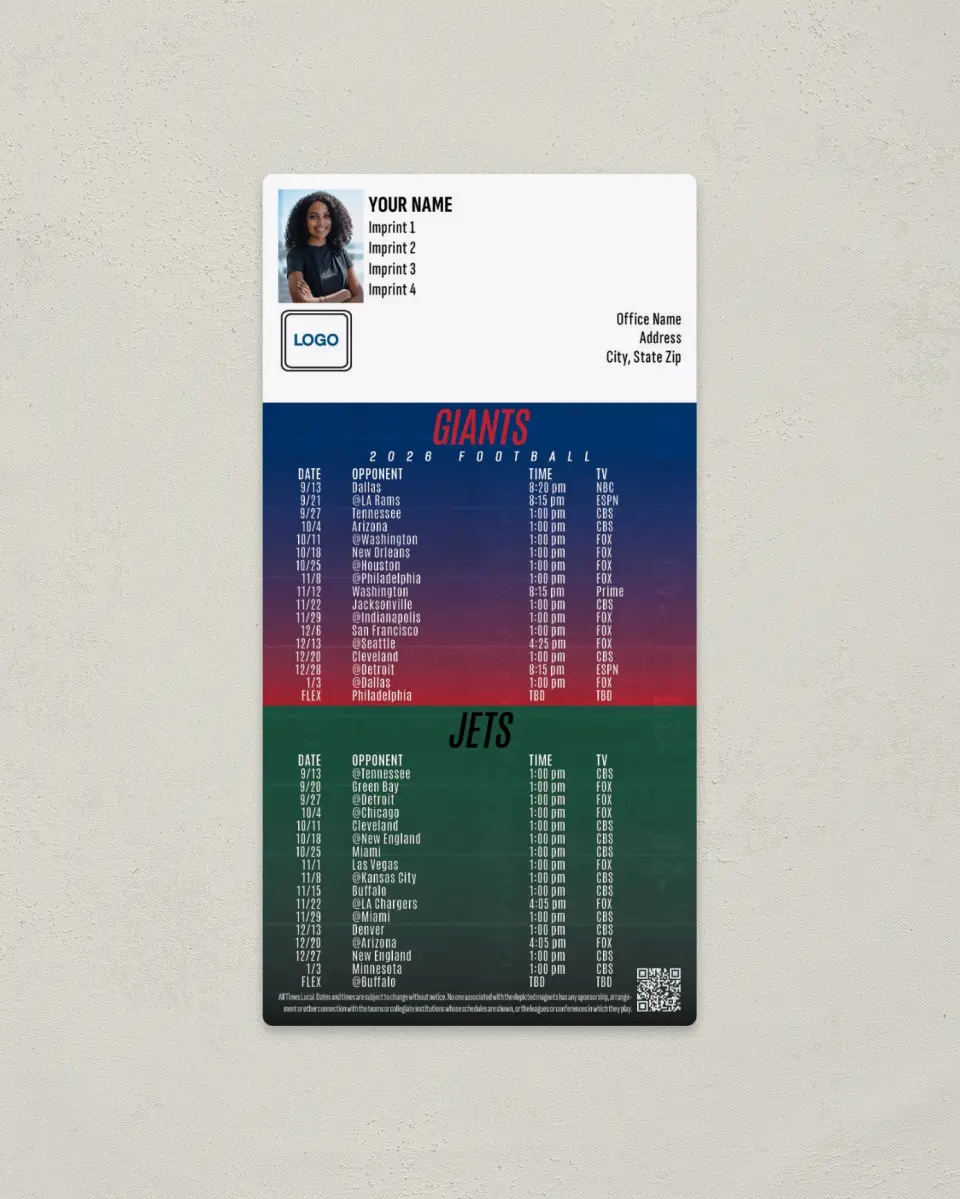 This is a 7" x 3½" Football Schedule Magnet called Giants + Jets printed in full color