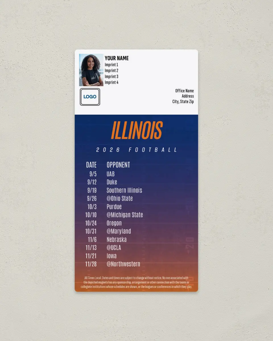 This is a 7" x 3½" Football Schedule Magnet called Illinois Fighting Illini printed in full color