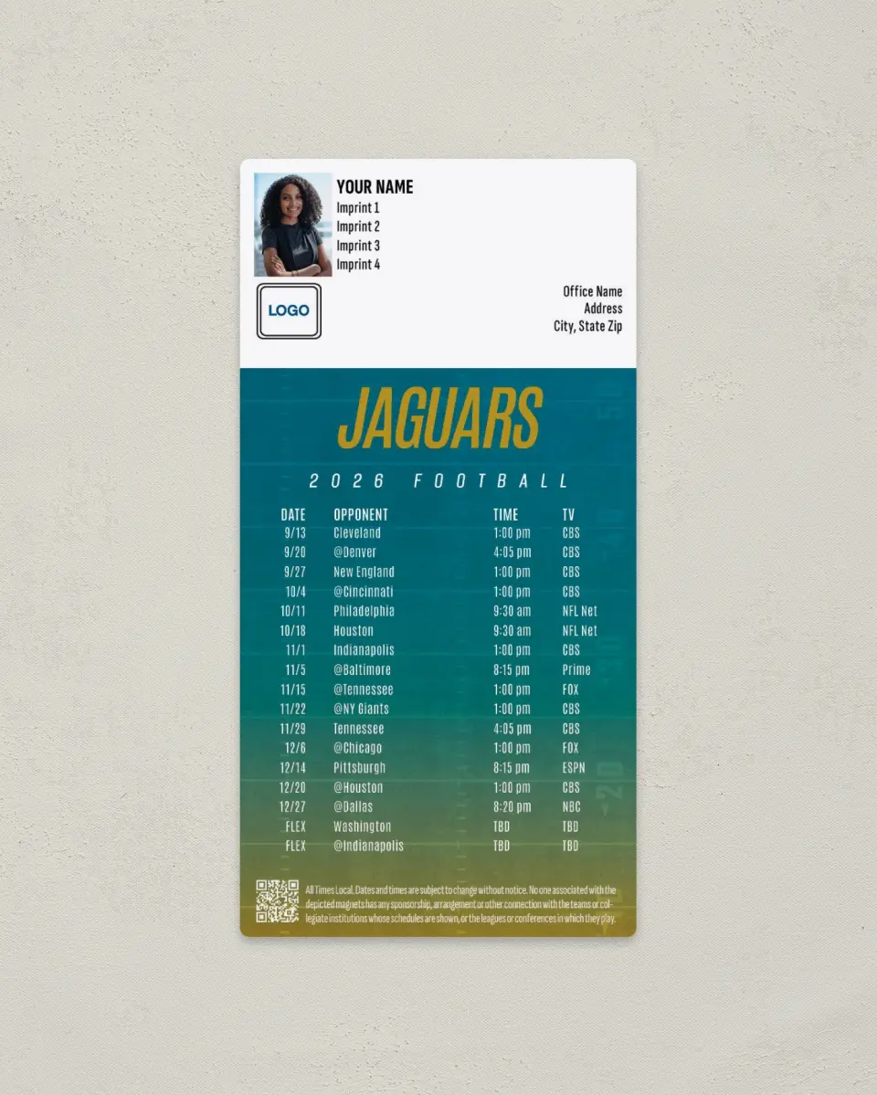 This is a 7" x 3½" Football Schedule Magnet called Jacksonville Jaguars printed in full color