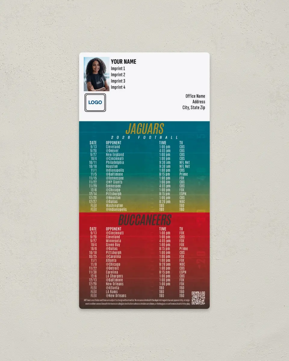 This is a 7" x 3½" Football Schedule Magnet called Jaguars + Buccaneers printed in full color