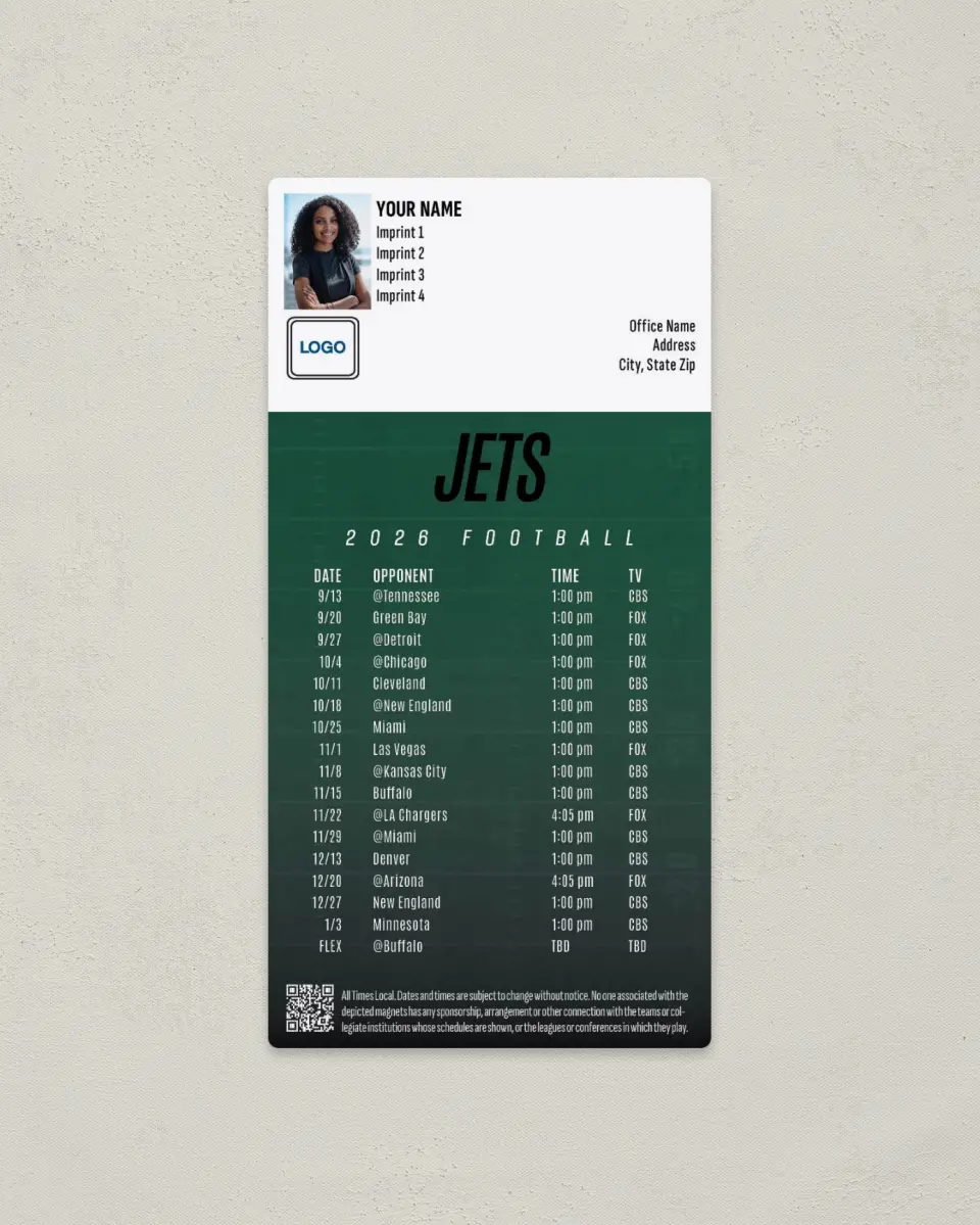 This is a 7" x 3½" Football Schedule Magnet called New York Jets printed in full color