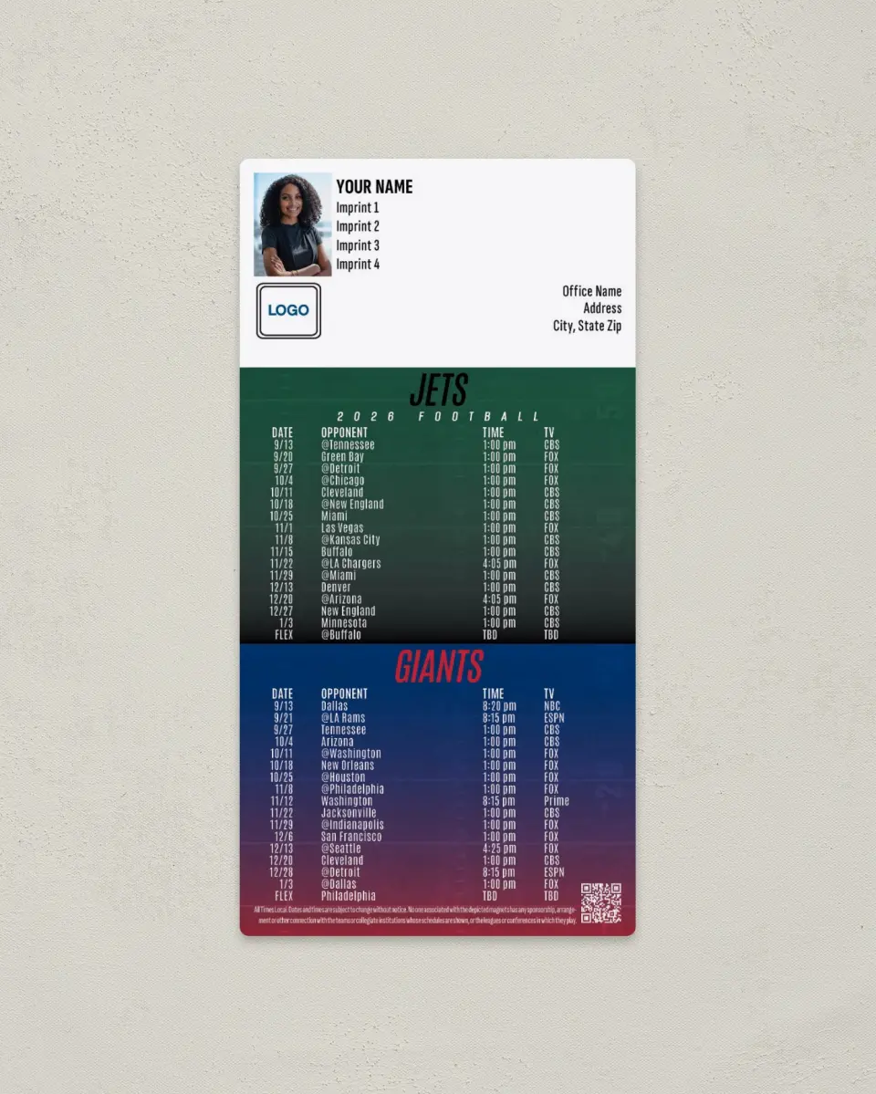 This is a 7" x 3½" Football Schedule Magnet called Jets + Giants printed in full color