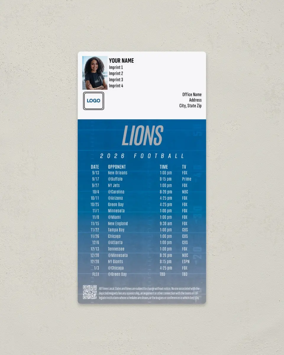 This is a 7" x 3½" Football Schedule Magnet called Detroit Lions printed in full color