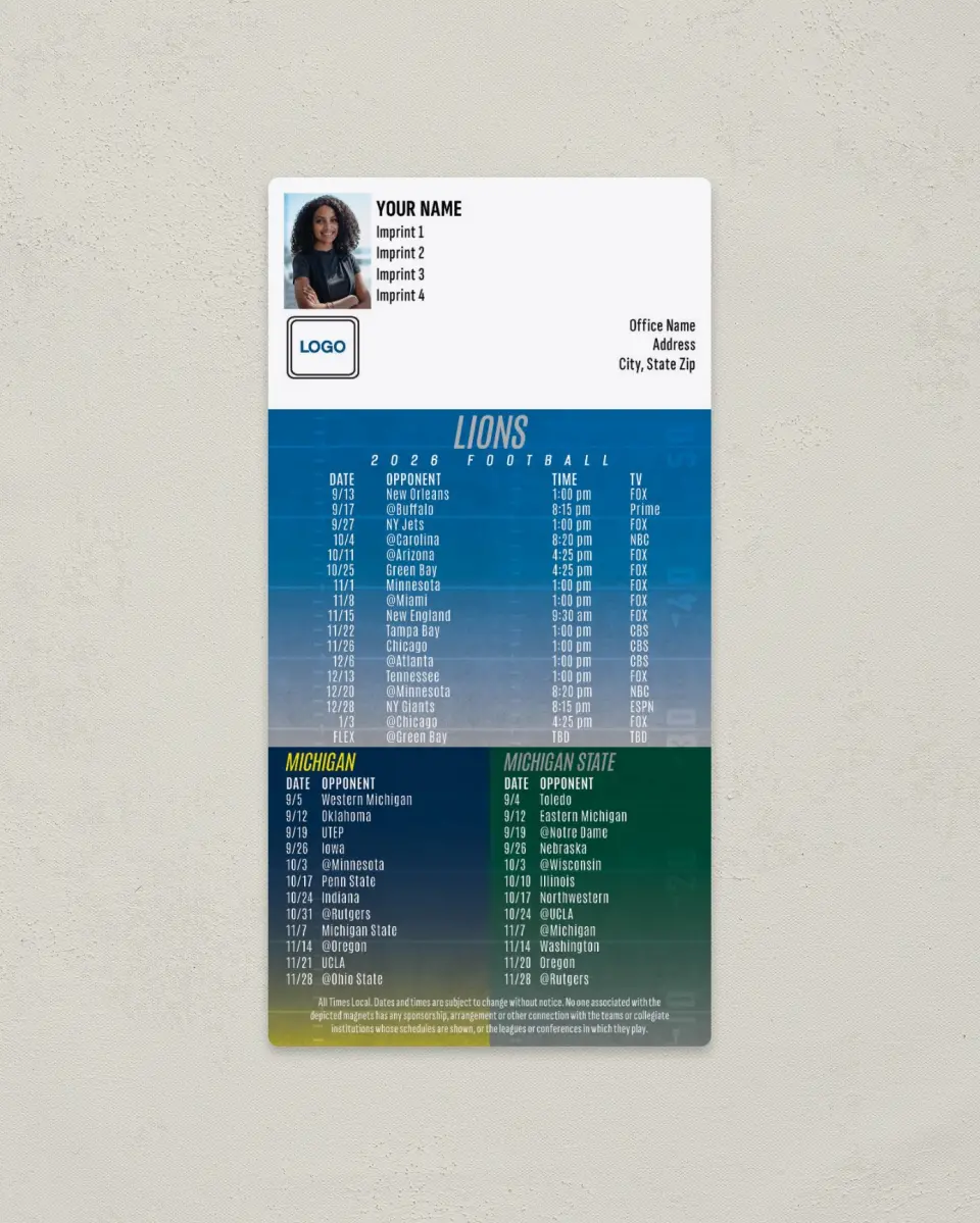 This is a 7" x 3½" Football Schedule Magnet called Lions + University of Michigan + Michigan State University printed in full color