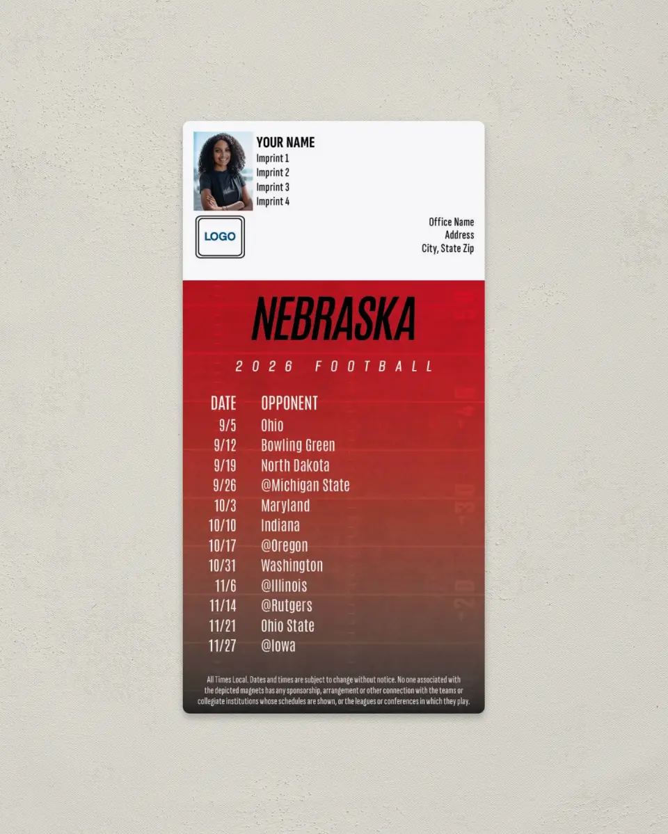 This is a 7" x 3½" Football Schedule Magnet called Nebraska Cornhuskers printed in full color