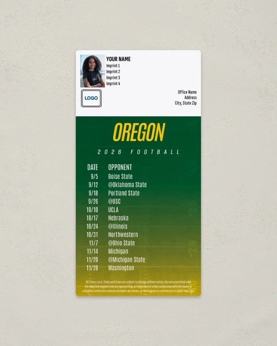 This is a 7" x 3½" Football Schedule Magnet called Oregon Ducks printed in full color