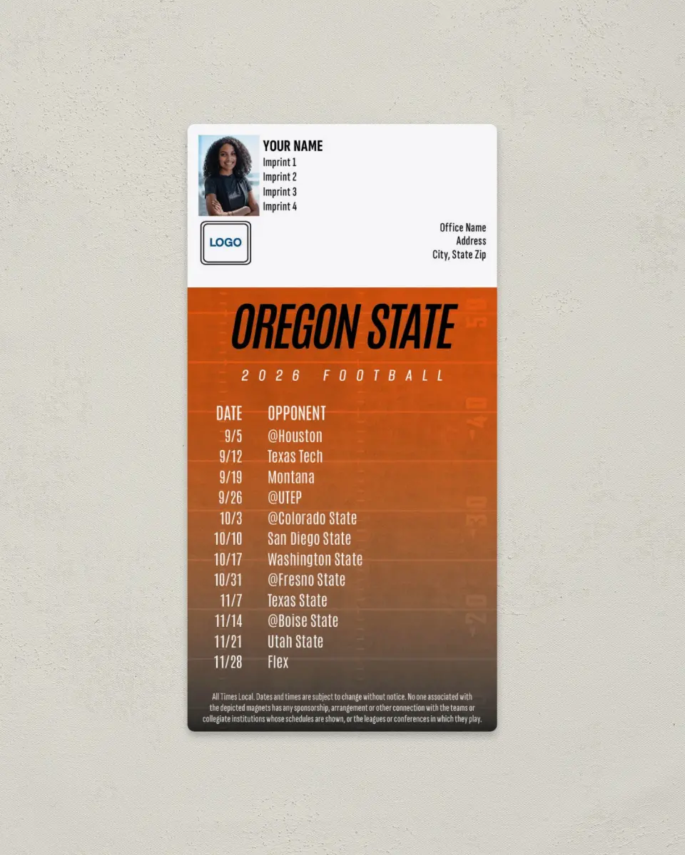This is a 7" x 3½" Football Schedule Magnet called Oregon State printed in full color