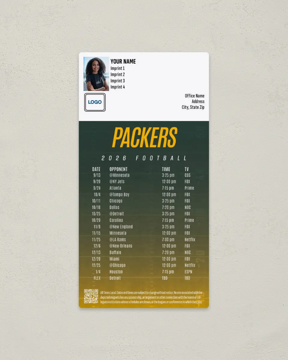 This is a 7" x 3½" Football Schedule Magnet called Green Bay Packers printed in full color