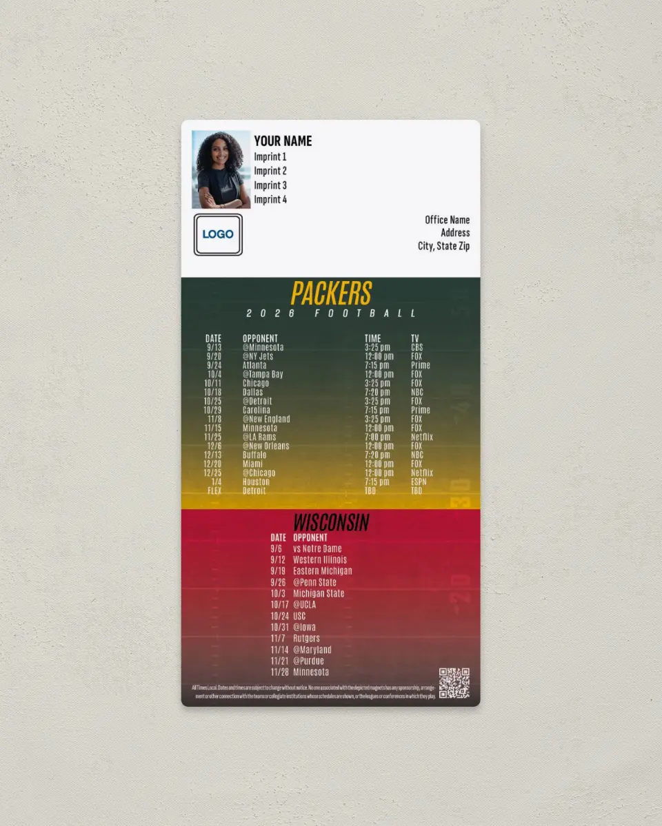 This is a 7" x 3½" Football Schedule Magnet called Packers + Wisconsin printed in full color