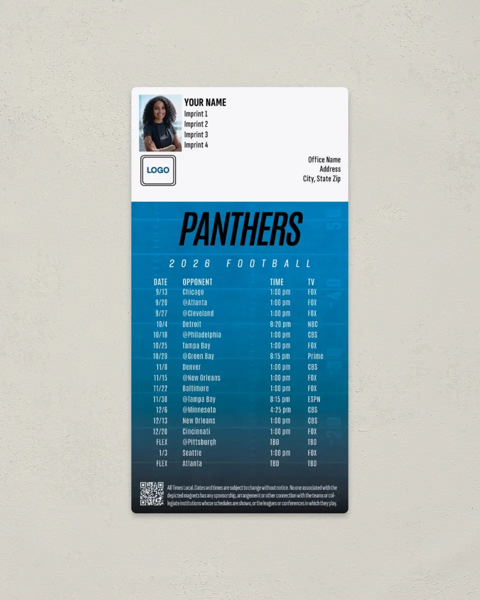 This is a 7" x 3½" Football Schedule Magnet called Carolina Panthers printed in full color