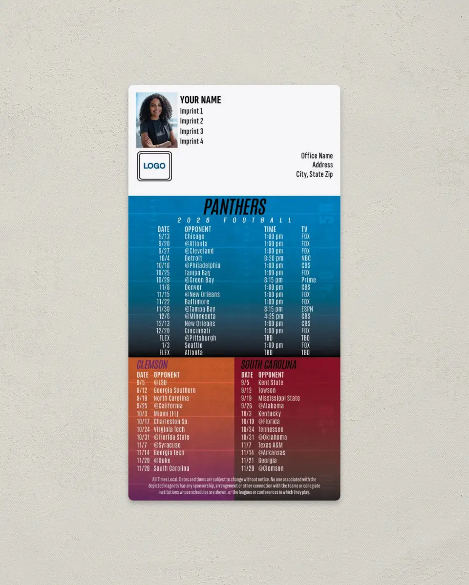 This is a 7" x 3½" Football Schedule Magnet called Panthers + Clemson University + University of South Carolina printed in full color