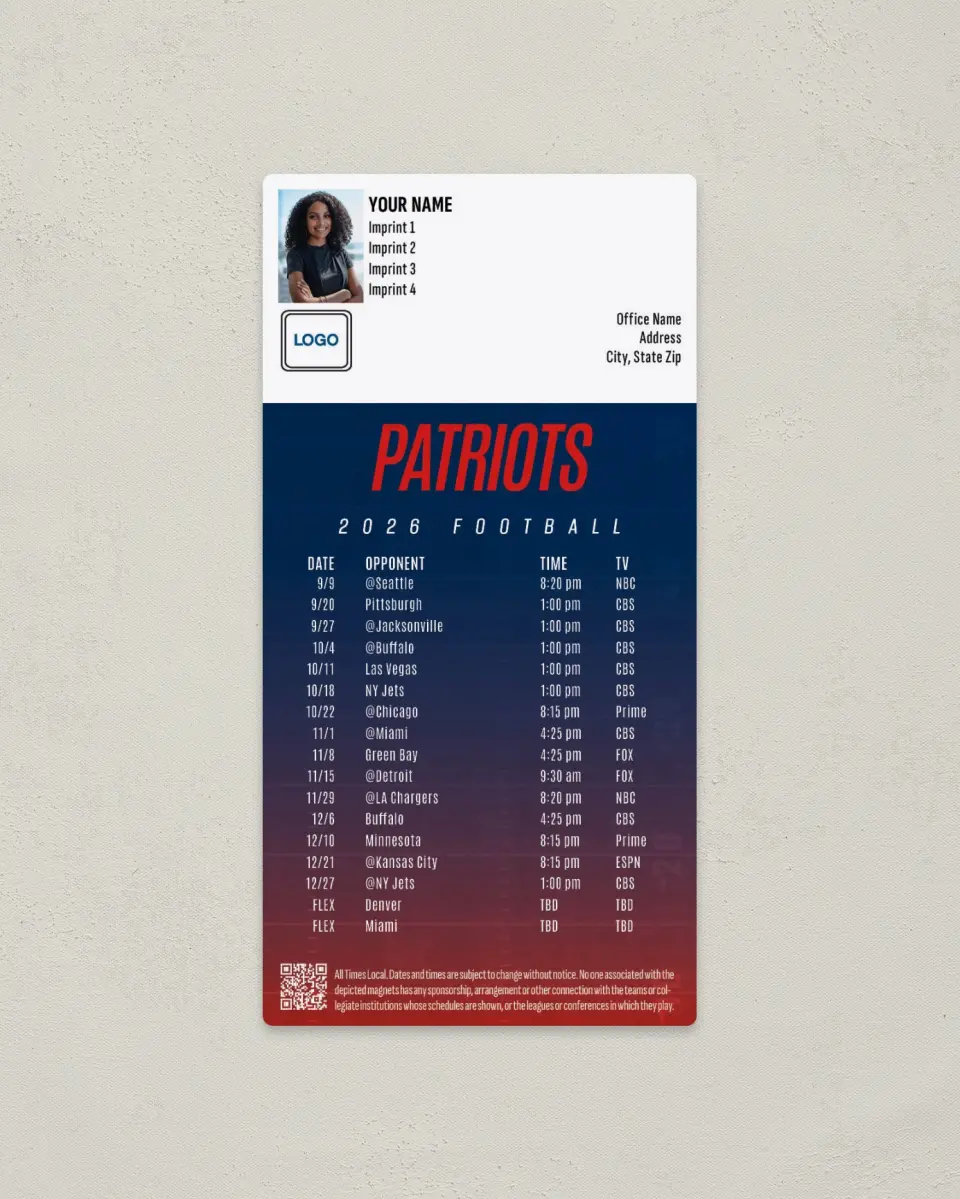 This is a 7" x 3½" Football Schedule Magnet called New England Patriots printed in full color