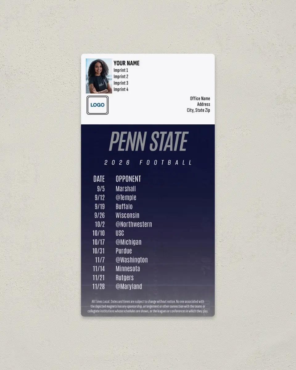 This is a 7" x 3½" Football Schedule Magnet called Penn State printed in full color