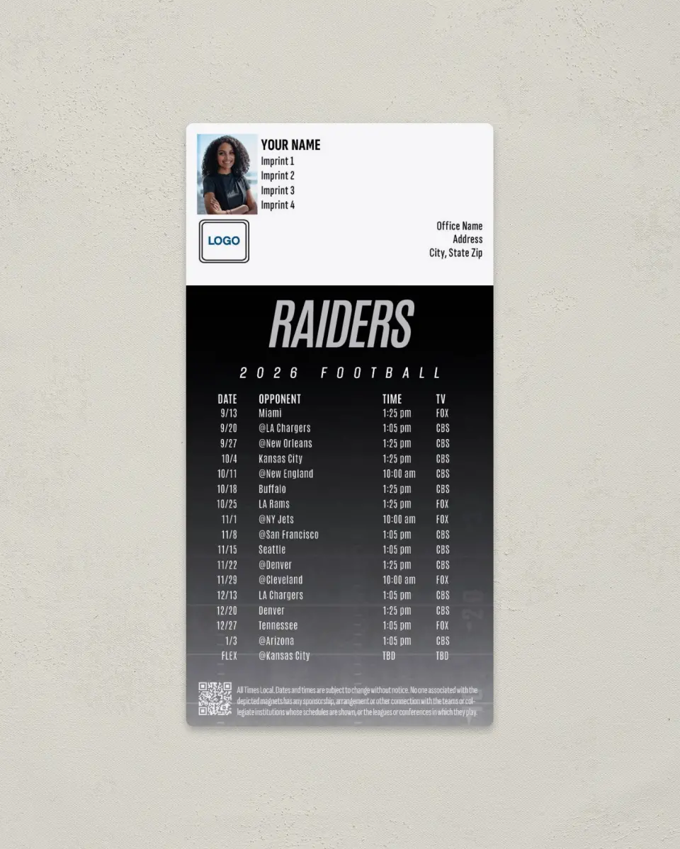 This is a 7" x 3½" Football Schedule Magnet called Las Vegas Raiders printed in full color