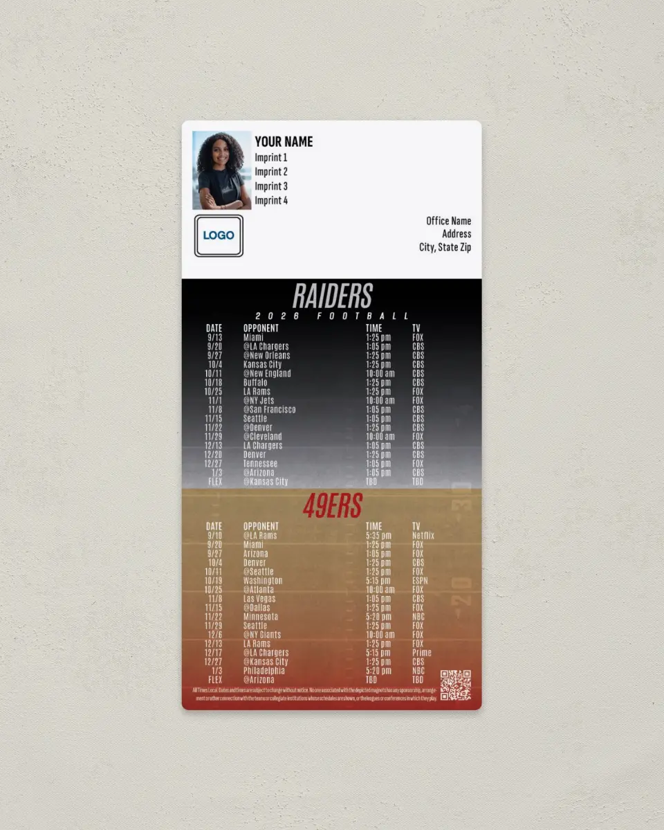 This is a 7" x 3½" Football Schedule Magnet called Raiders + 49ers printed in full color