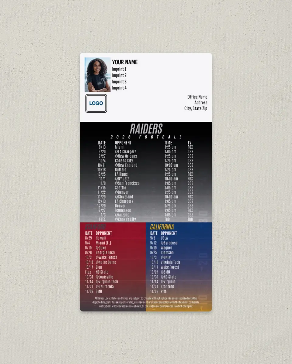 This is a 7" x 3½" Football Schedule Magnet called Raiders + Stanford + California printed in full color