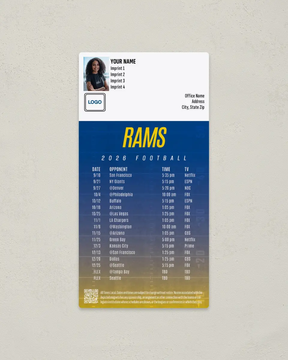 This is a 7" x 3½" Football Schedule Magnet called Los Angeles Rams printed in full color