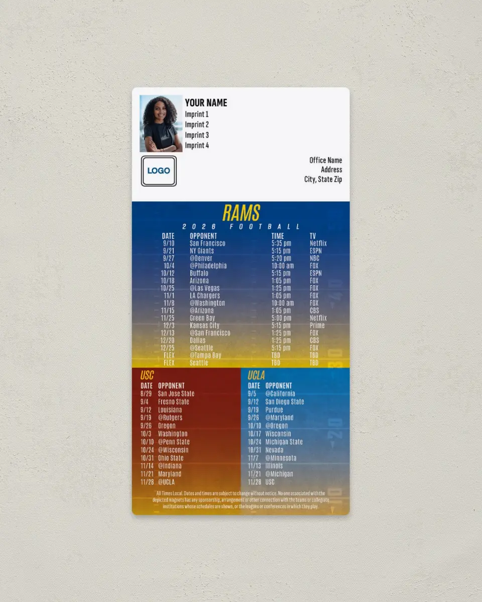 This is a 7" x 3½" Football Schedule Magnet called Rams + USC + UCLA printed in full color