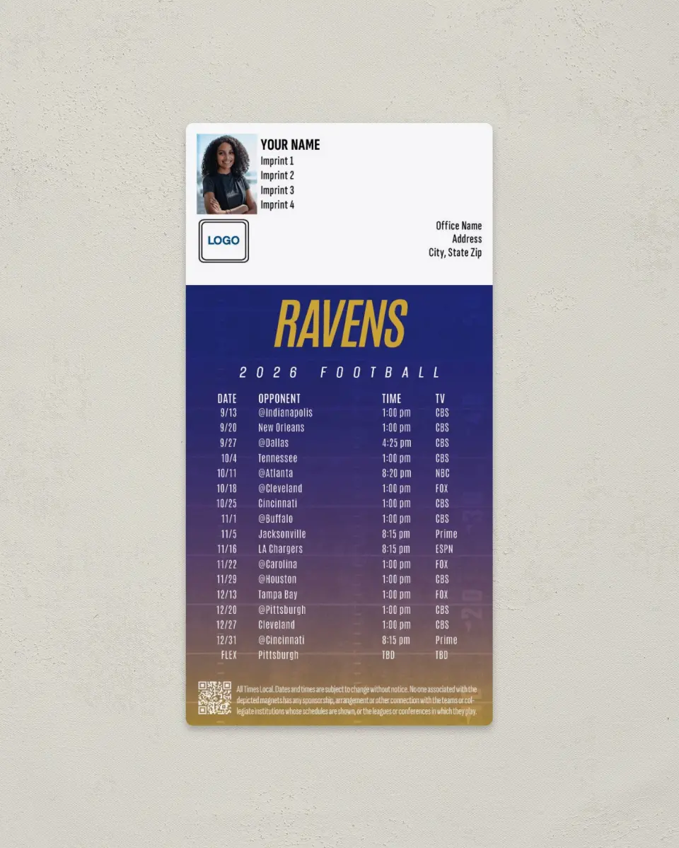 This is a 7" x 3½" Football Schedule Magnet called Baltimore Ravens printed in full color