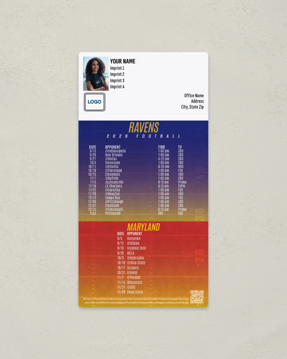 This is a 7" x 3½" Football Schedule Magnet called Ravens + Maryland printed in full color