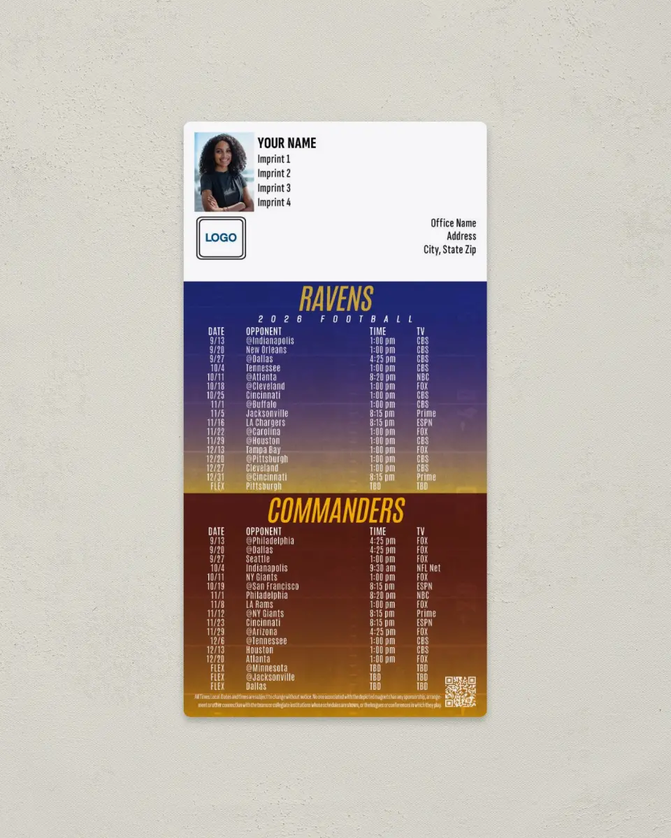 This is a 7" x 3½" Football Schedule Magnet called Ravens + Washington printed in full color