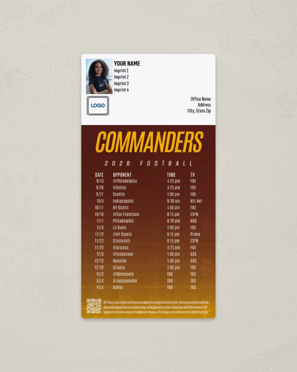This is a 7" x 3½" Football Schedule Magnet called Washington Commanders printed in full color