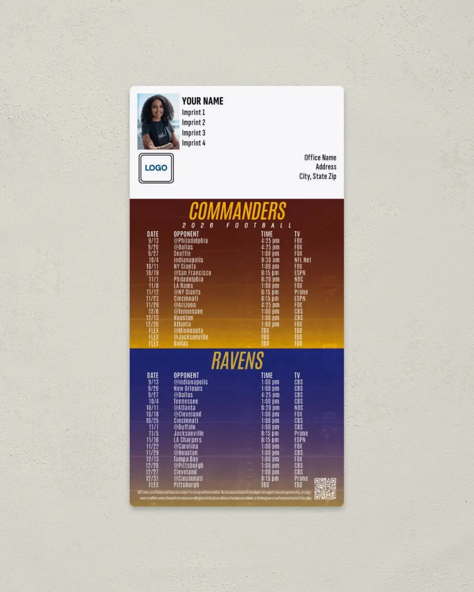 This is a 7" x 3½" Football Schedule Magnet called Washington + Ravens printed in full color