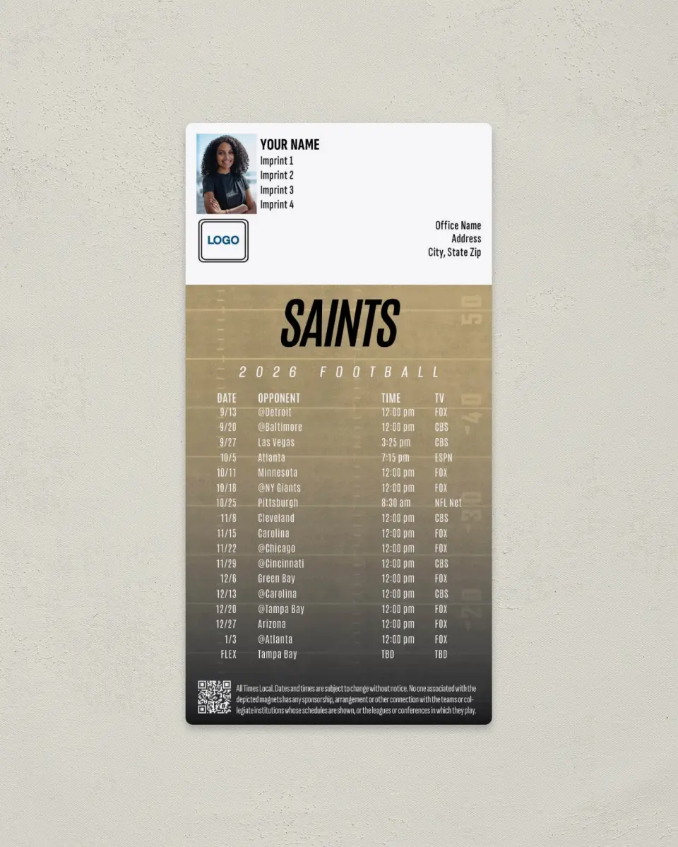 This is a 7" x 3½" Football Schedule Magnet called New Orleans Saints printed in full color