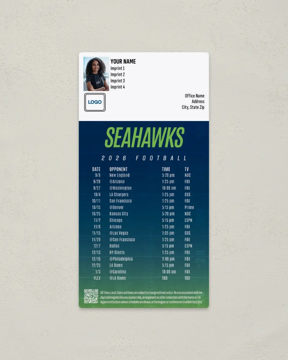 This is a 7" x 3½" Football Schedule Magnet called Seattle Seahawks printed in full color
