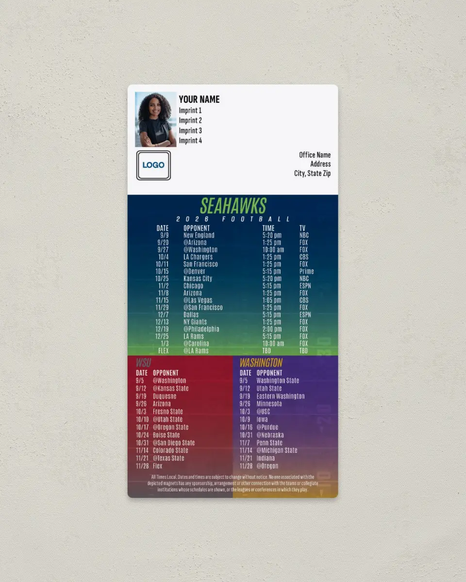 This is a 7" x 3½" Football Schedule Magnet called Seahawks + Washington State + University of Washington printed in full color