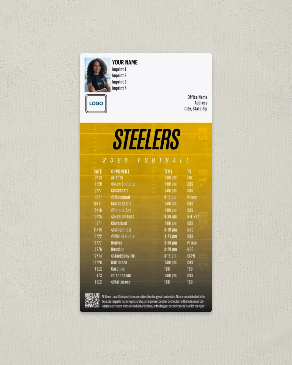 This is a 7" x 3½" Football Schedule Magnet called Pittsburgh Steelers printed in full color