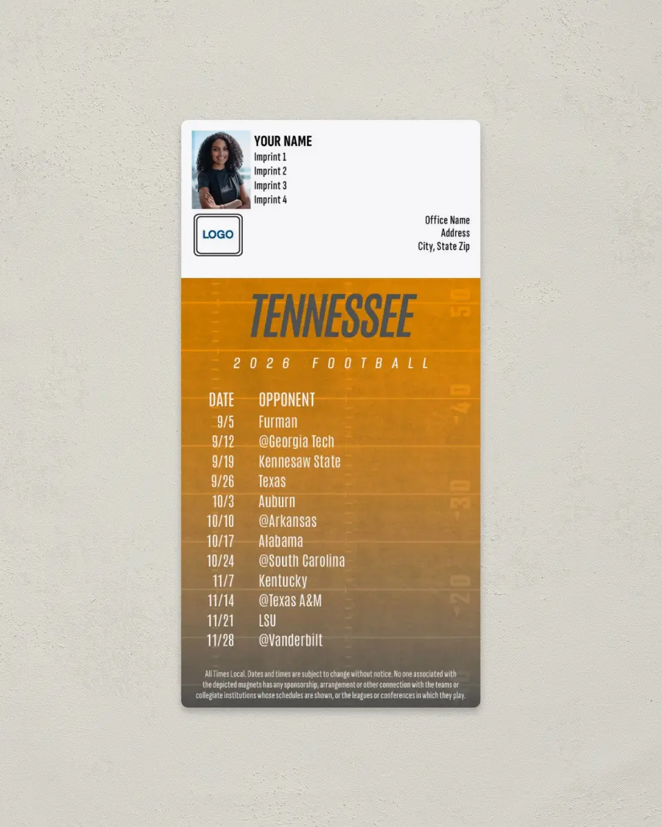 This is a 7" x 3½" Football Schedule Magnet called Tennessee Volunteers printed in full color