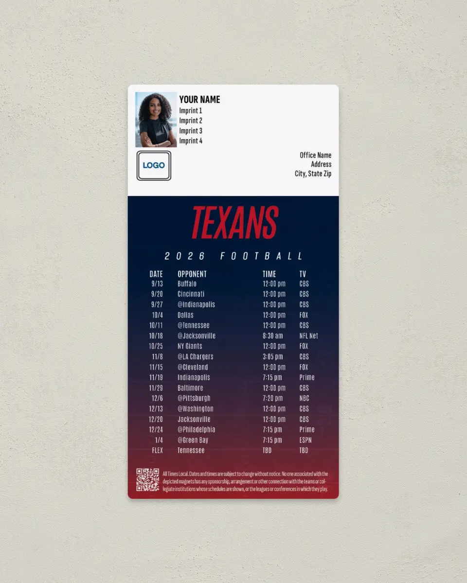 This is a 7" x 3½" Football Schedule Magnet called Houston Texans printed in full color