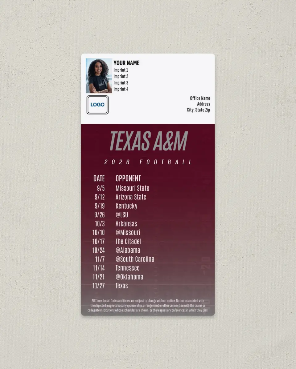 This is a 7" x 3½" Football Schedule Magnet called Texas A&M printed in full color