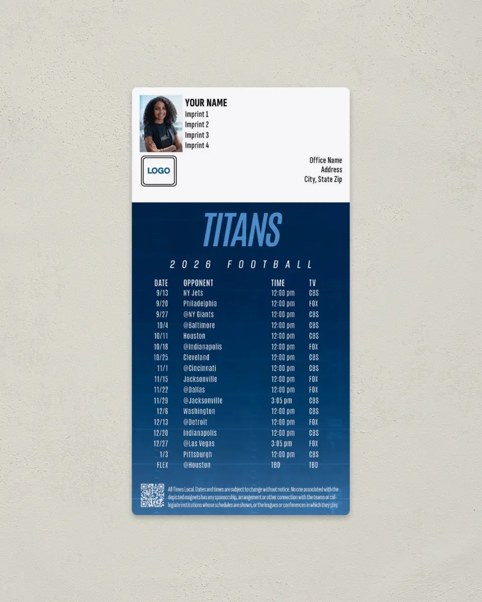 This is a 7" x 3½" Football Schedule Magnet called Tennessee Titans printed in full color