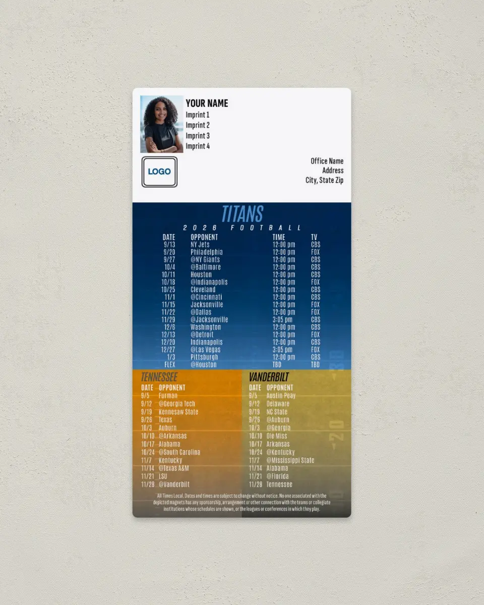 This is a 7" x 3½" Football Schedule Magnet called Titans + University of Tennessee + Vanderbilt University printed in full color