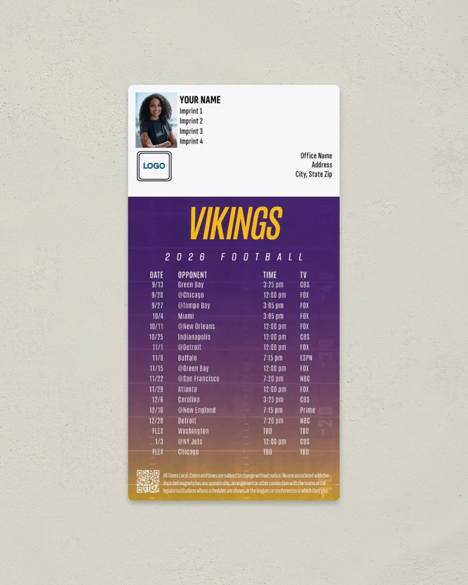 This is a 7" x 3½" Football Schedule Magnet called Minnesota Vikings printed in full color