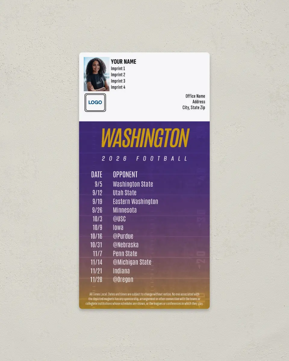 This is a 7" x 3½" Football Schedule Magnet called Washington Huskies printed in full color