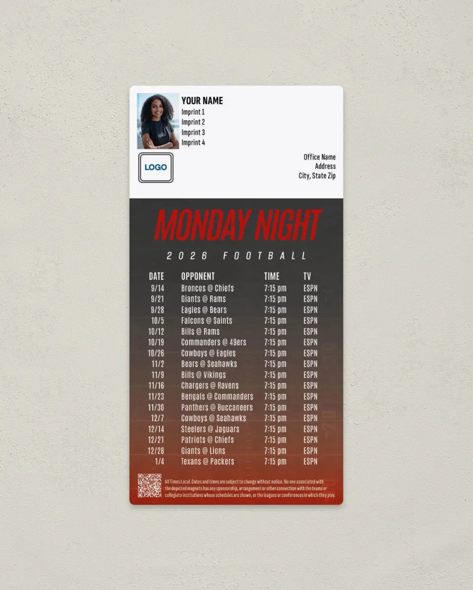 This is a 7" x 3½" Football Schedule Magnet called Monday Night Football printed in full color