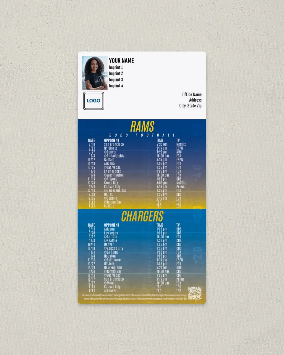 This is a 7" x 3½" Football Schedule Magnet called Los Angeles Rams + Los Angeles Chargers printed in full color