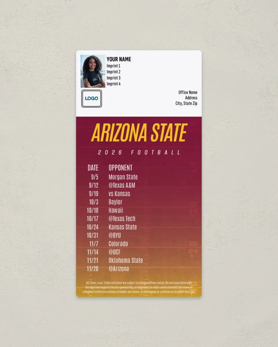This is a 7" x 3½" Football Schedule Magnet called Arizona State Sun Devils printed in full color
