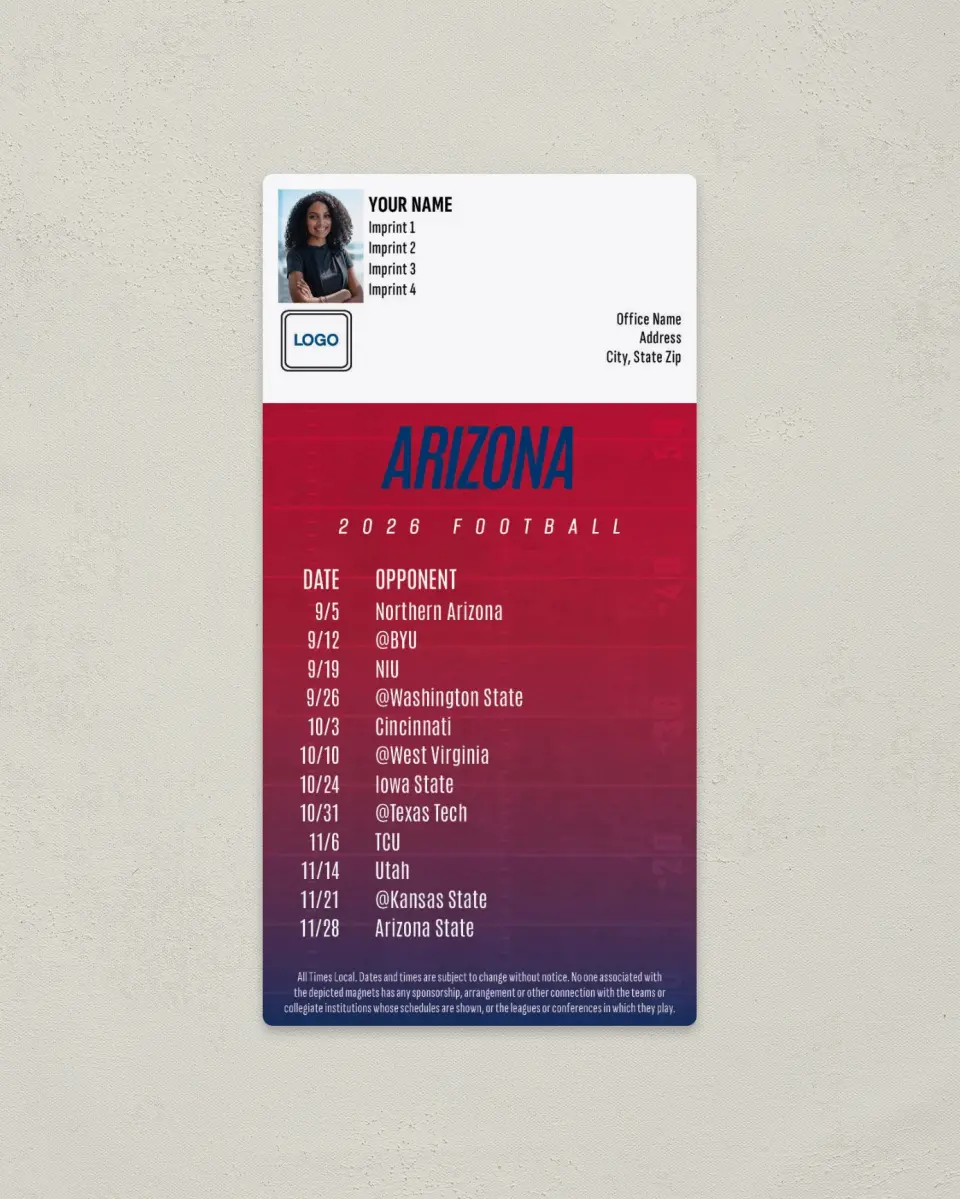 This is a 7" x 3½" Football Schedule Magnet called Arizona Wildcats printed in full color