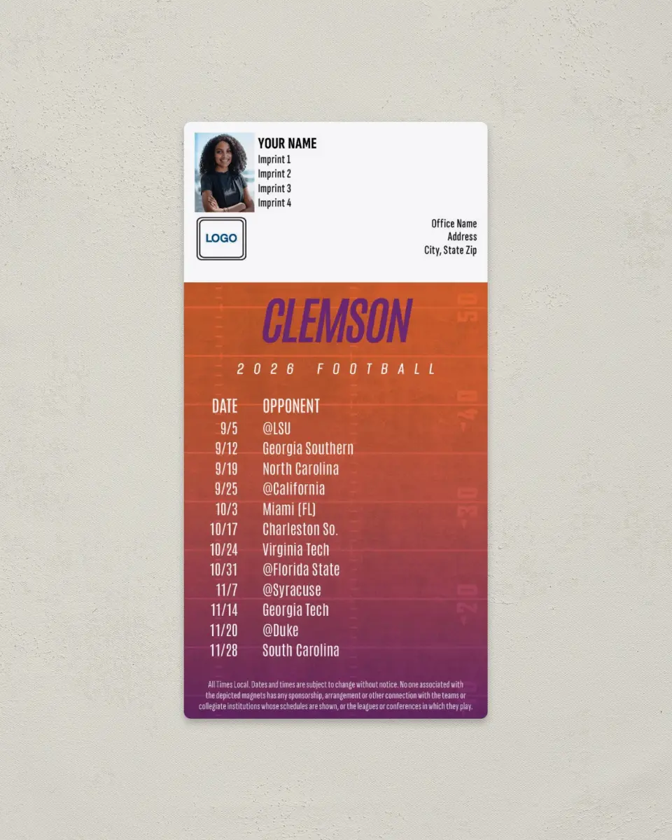 This is a 7" x 3½" Football Schedule Magnet called Clemson Tigers printed in full color
