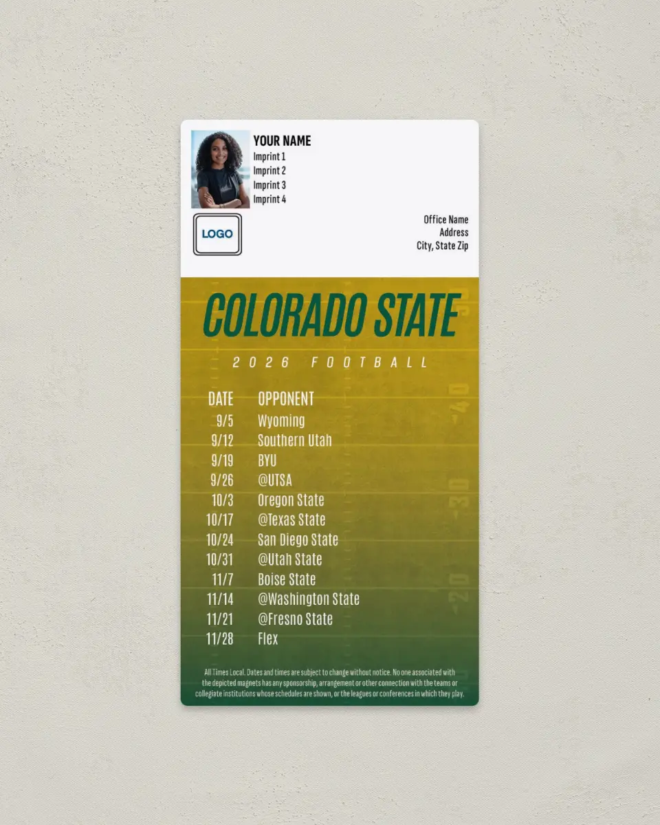 This is a 7" x 3½" Football Schedule Magnet called Colorado State Rams printed in full color