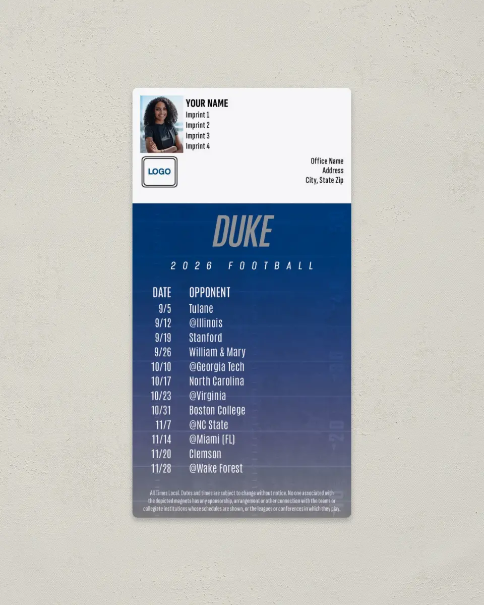 This is a 7" x 3½" Football Schedule Magnet called Duke Blue Devils printed in full color