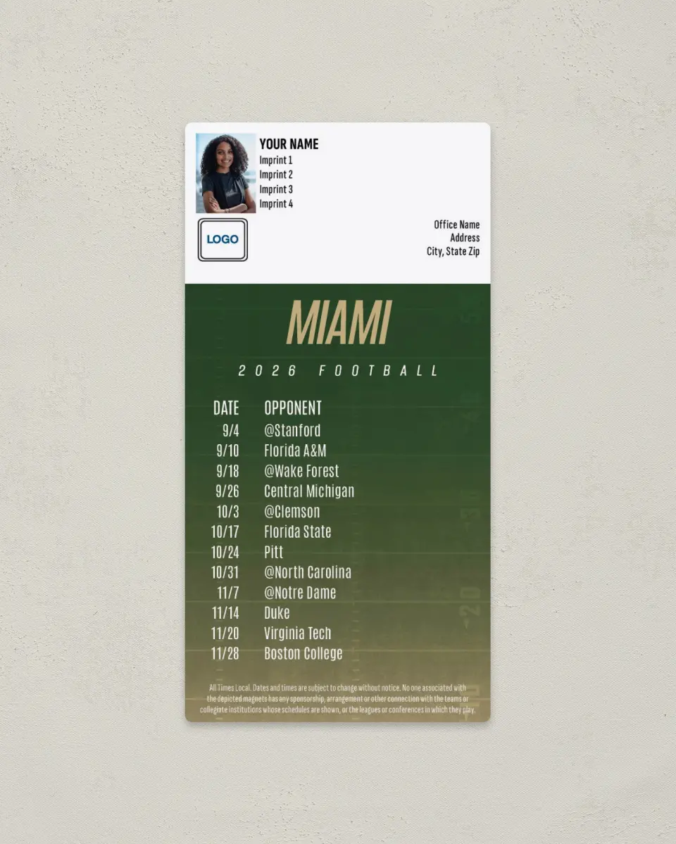 This is a 7" x 3½" Football Schedule Magnet called Miami Hurricanes printed in full color